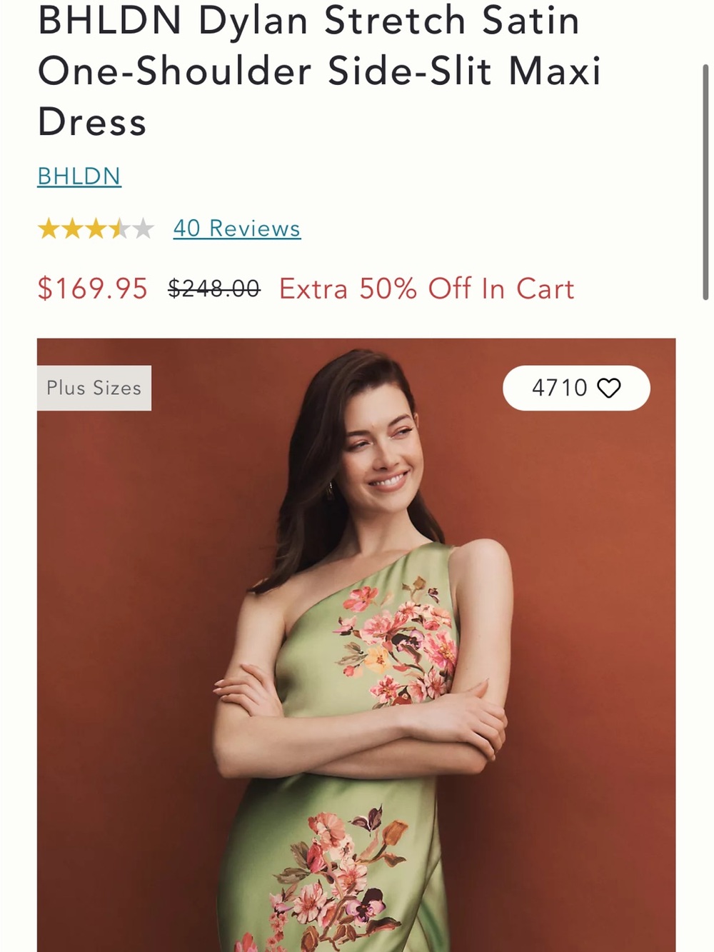 BHLDN One-Shoulder Sage Green Satin Maxi Dress with Pink Floral Appliqué